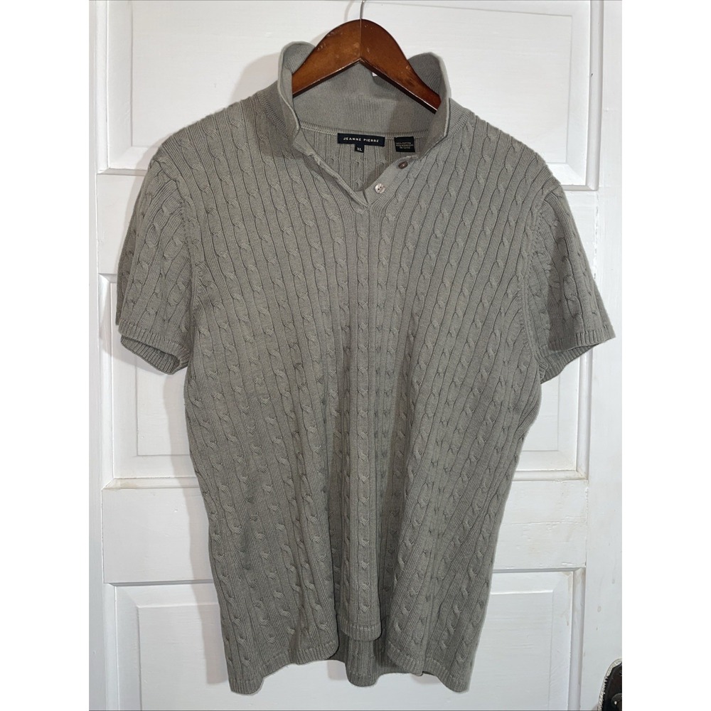 Jeanne Pierre XL 100% Cotton Short Sleeve Cable Knit Olive Green Sweater